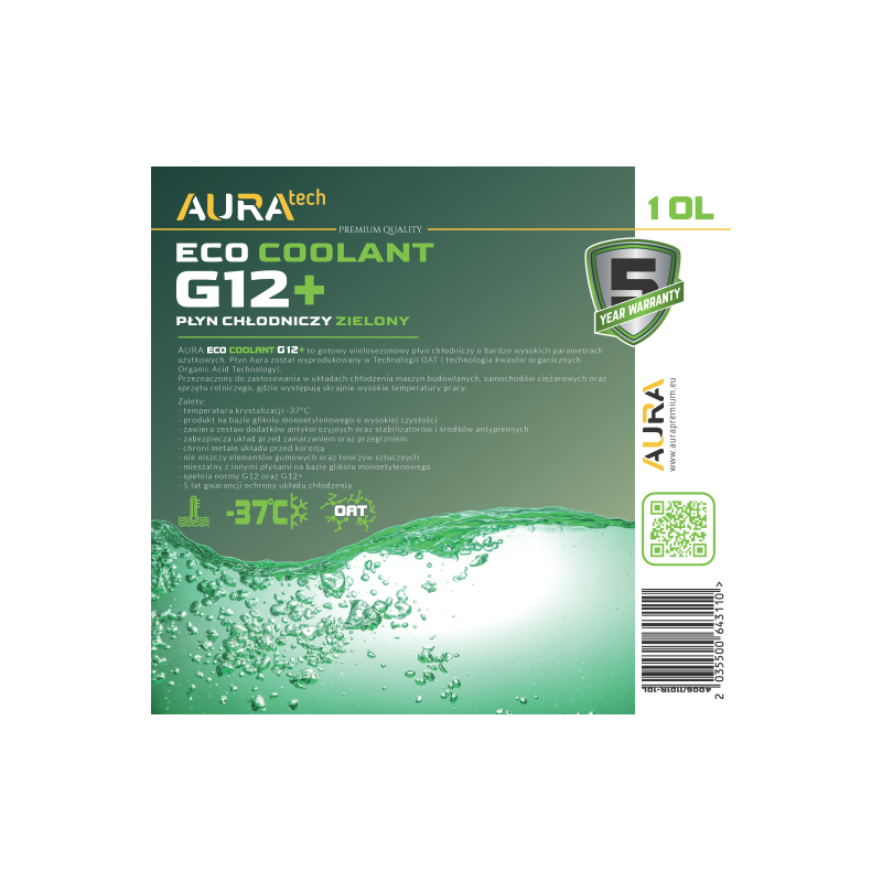 Aura охлаждающая жидкость Eco COOLANT G12 + зеленый 10л