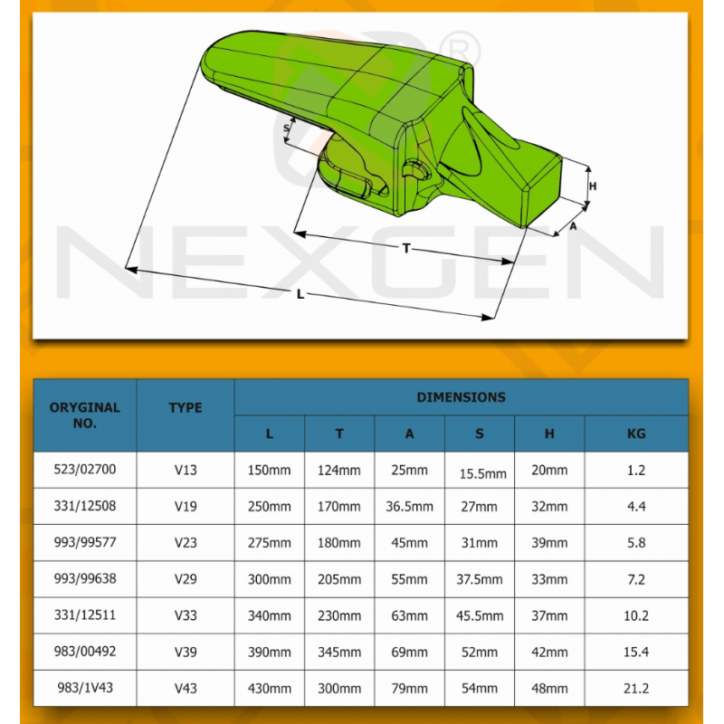 Adapter tooth ESCO V19 SYL suitable for JCB - replacement